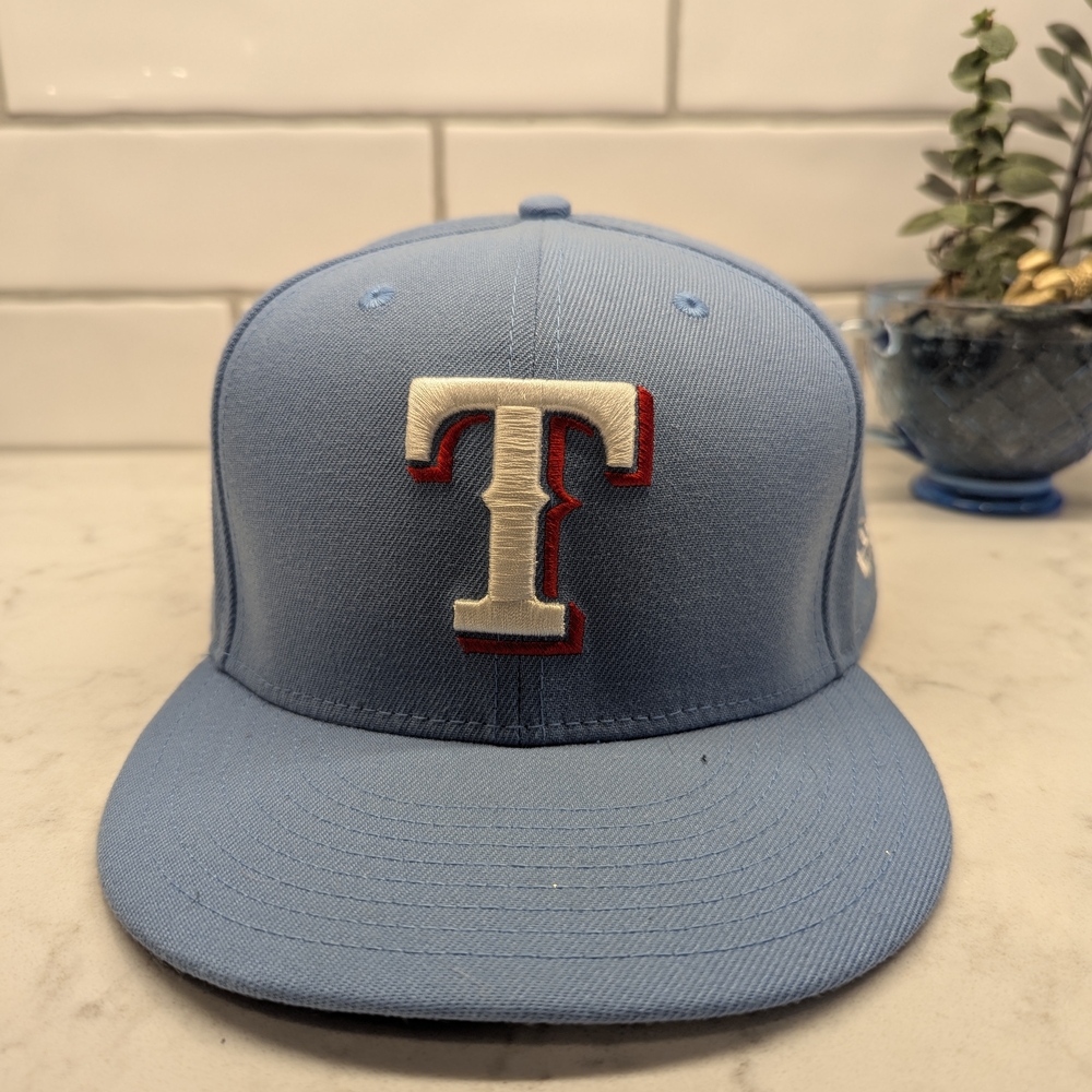 Texas Rangers New Era Light Blue Cap with Silver and Red Logo